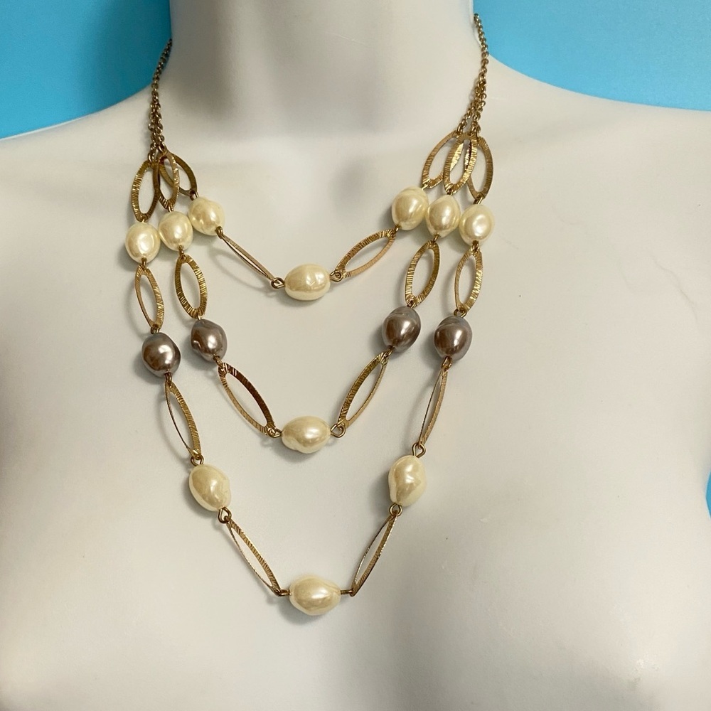 Goldtone Faux Pearl Double Strand Statement Necklace